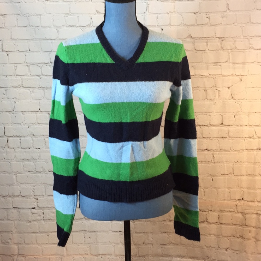 Tilt Sweater Blue Green Stripes V Neck Medium